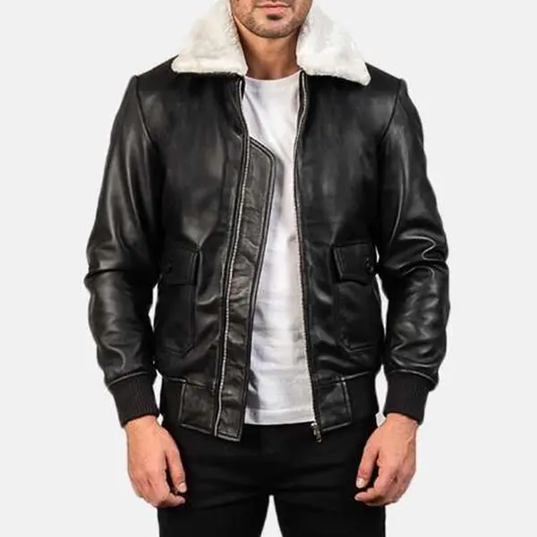 Men Style a Black Leather Bomber Jacket with White Fur